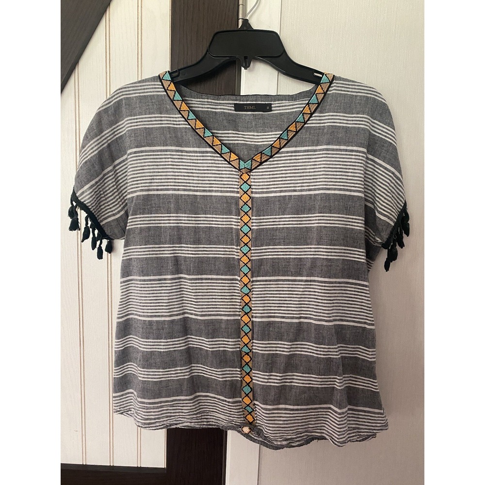 THML Blouse Womens Medium Boho Shirt Gray White Striped Tassel Sleeve Pullover